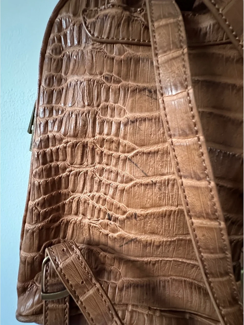 Brown Faux Crocodile Leather Backpack with Patterned Interior